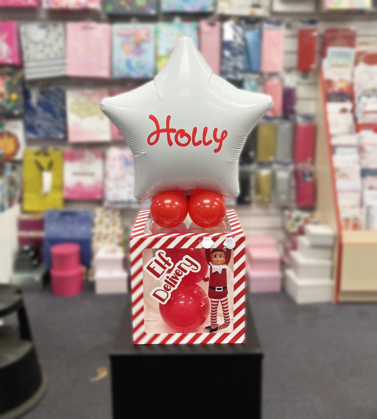 Elf Delivery Boxed Balloons And Elf, Star On Top